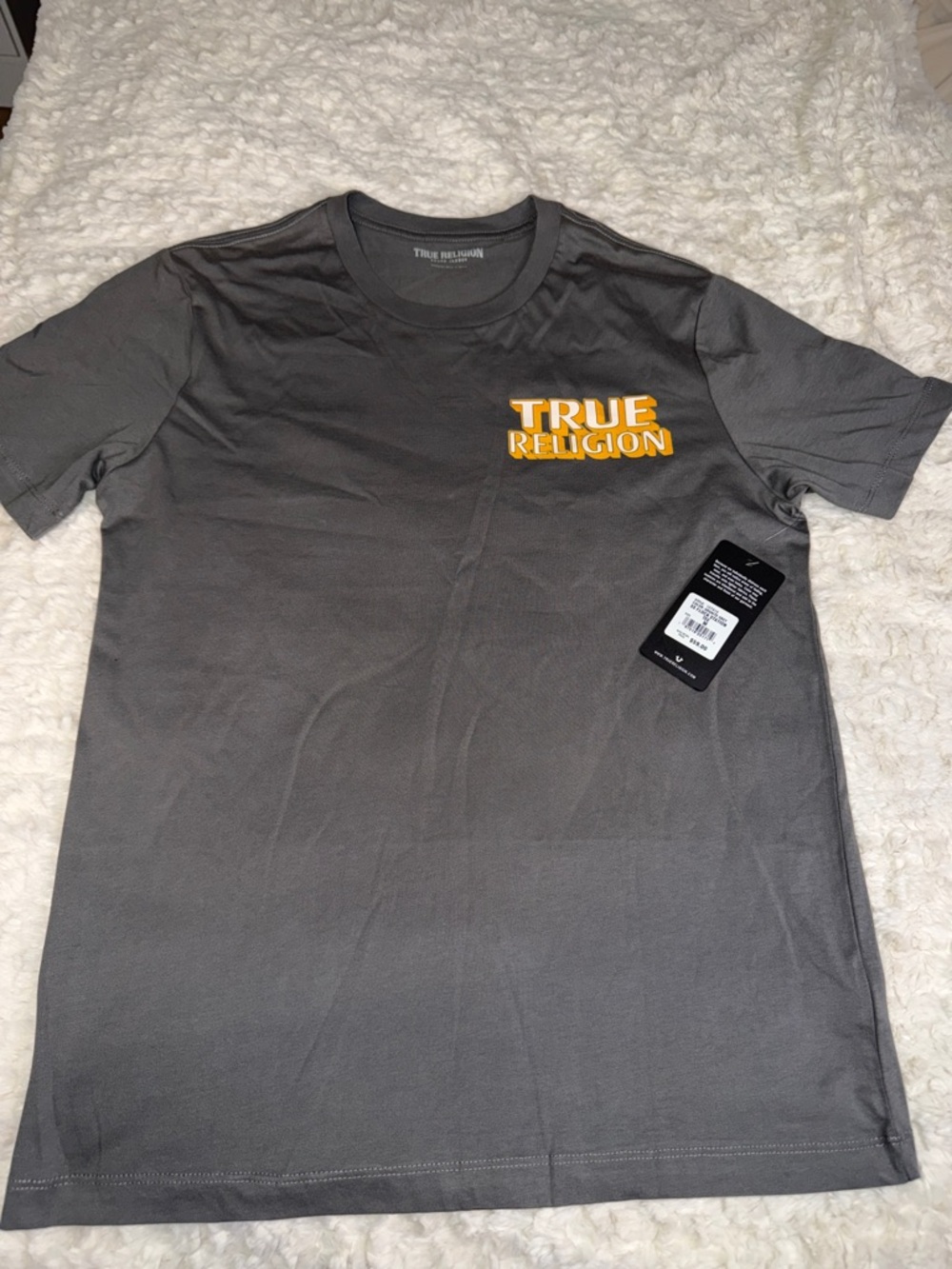 True Religion Short-Sleeve Gray Tee with Yellow Logo